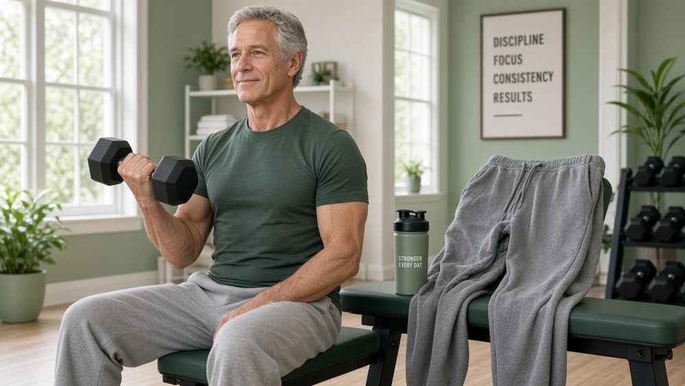 Gray-haired man lifting a dumbbell on a weight bench in a home gym, a KEEP shaker bottle beside him